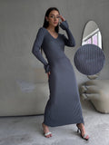 Solid Color Pit Wool Woven V-Neck Sweater Dress