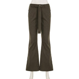 Street Style Solid Color Belt Lace-Up Basic Pants