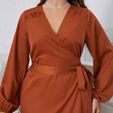 LONG SLEEVE WRAP DRESS FOR PLUS SIZE WOMEN_CWDSD8474