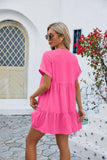 V Neck Solid Color Short Sleeve Pleated Dress_Cwdsd2696