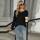 Solid Color U-Neck Pleated Long Sleeve Top