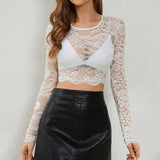 LACE FLORAL PRINT CROPPED SLIM FIT T SHIRT TOP_CWTBLL3431