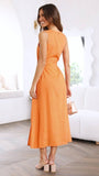 Solid-Color Waist-Cinched Round-Neck Dress