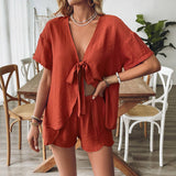 Trendy Tie-Front Shirt And Shorts Two-Piece Set
