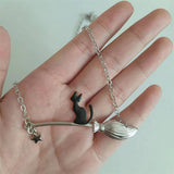 HALLOWEEN MAGIC BROOM BLACK CAT NECKLACE_CWAJE2434