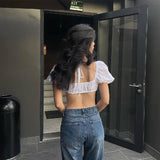 U-Neck Backless Sweet Crochet Puff Sleeve Top