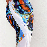 BUTTERFLY PRINT BEACH COVER UP DRESS ASYMMETRICAL_CWBLS0476