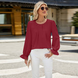Solid Color Crew-Neck Long-Sleeved Loose Chiffon