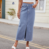 Wome Washed Denim Maxi Skirt Asymmetrical_Cwjsk0205