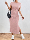 Striped Slim-Fit Waist Slimming Round Neck Dress