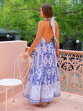 Temperament Print Halter Halter Lace Peplum Dress