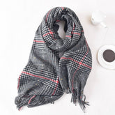 Women Color Matching Plaid Tassel Warm Scarf