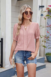 Solid Color V-Neck Puffed Sleeve Jacquard T-Shirt