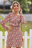 V-Neck Waist Floral Long-Sleeved Short Dress