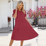 Solid Color Pleated Short Sleeve Tie Dress