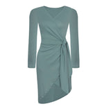 V-Neck Long-Sleeved Solid Color Irregular Dress