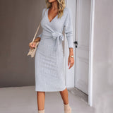 Solid Color V-Neck Long Sleeve Knit Lace-Up Dress