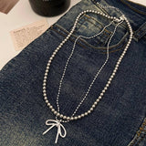 FASHIONABLE TASSEL BOW PEARL DOUBLE LAYER NECKLACE_CWAJE3056