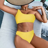 ONE SHOULDER HIGH WAIST BIKINI SEXY SOLID SWIMSUIT_CWMW0171