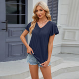 V-Neck Fly-Sleeved Pleated Short-Sleeved T-Shirt