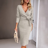 Solid Color V-Neck Long Sleeve Knit Lace-Up Dress