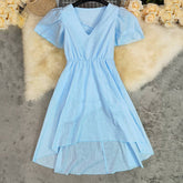 V-Neck Long Cotton Linen Waist-Cinching Dress