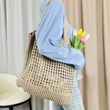 Cwab5059_Solid Color Hollow Bag Single Shoulder Woven Bag