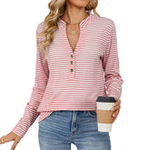 V-Neck Button-Striped Long-Sleeved Casual T-Shirt