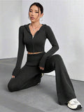 Zipper Hooded Top,Low-Waisted Flared Pants Set