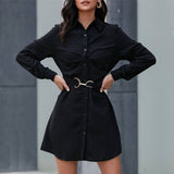 Solid Color Lapel Black Shirt Dress