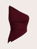 Solid-Color Knotted Single-Shoulder Hem Vest