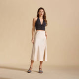 SATIN SKIRT HIGH WAIST ELASTIC SLANTED LONG SKIRT_CWBSS0387