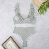 HIGH WAISTED V NECK RUFFLED BIKINI SWIMSUIT_CWMW0200
