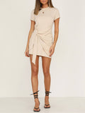 Solid Color Short-Sleeved Dress With Hem Lace