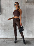 Waist-Cinching Street Drawstring Leather Pants