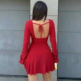 Solid Color Deep V Drawstring Pleated Dress