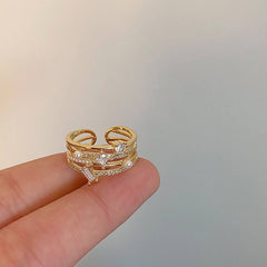 GOLD MULTI LAYER HOLLOW ZIRCONIA SHELL PEARL RING_CWAJE3101