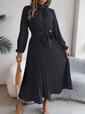 Standing Collar Long Sleeve Pleated Long Dress