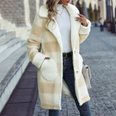 Women Plaid Pattern Plush Lapel Buttoned Jacket_Cwoja0631