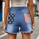 Usa Flag Print Distressed Button Fly Denim Shorts