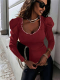 Solid Color V-Neck Beaded Puffed Sleeve Top