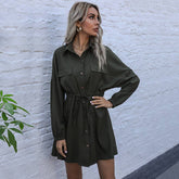Solid Color French Lapel Long-Sleeved Shirt Dress