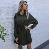 Solid Color French Lapel Long-Sleeved Shirt Dress