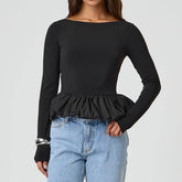 Solid Color Crew Neck Patchwork Long Sleeve Top