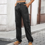 Washed Semi-Elastic Waist Denim Workwear Trousers