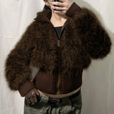 Vintage Furry Patchwork Stand-Up Collar Jacket