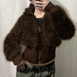 Vintage Furry Patchwork Stand-Up Collar Jacket