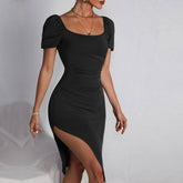 Square-Neck Pleated Body-Hugging Knitted Dress