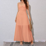 Solid Color Sheer Mesh Off-The-Shoulder Dress