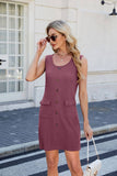 Solid Color Crew Neck Button Pocket Tank Dress